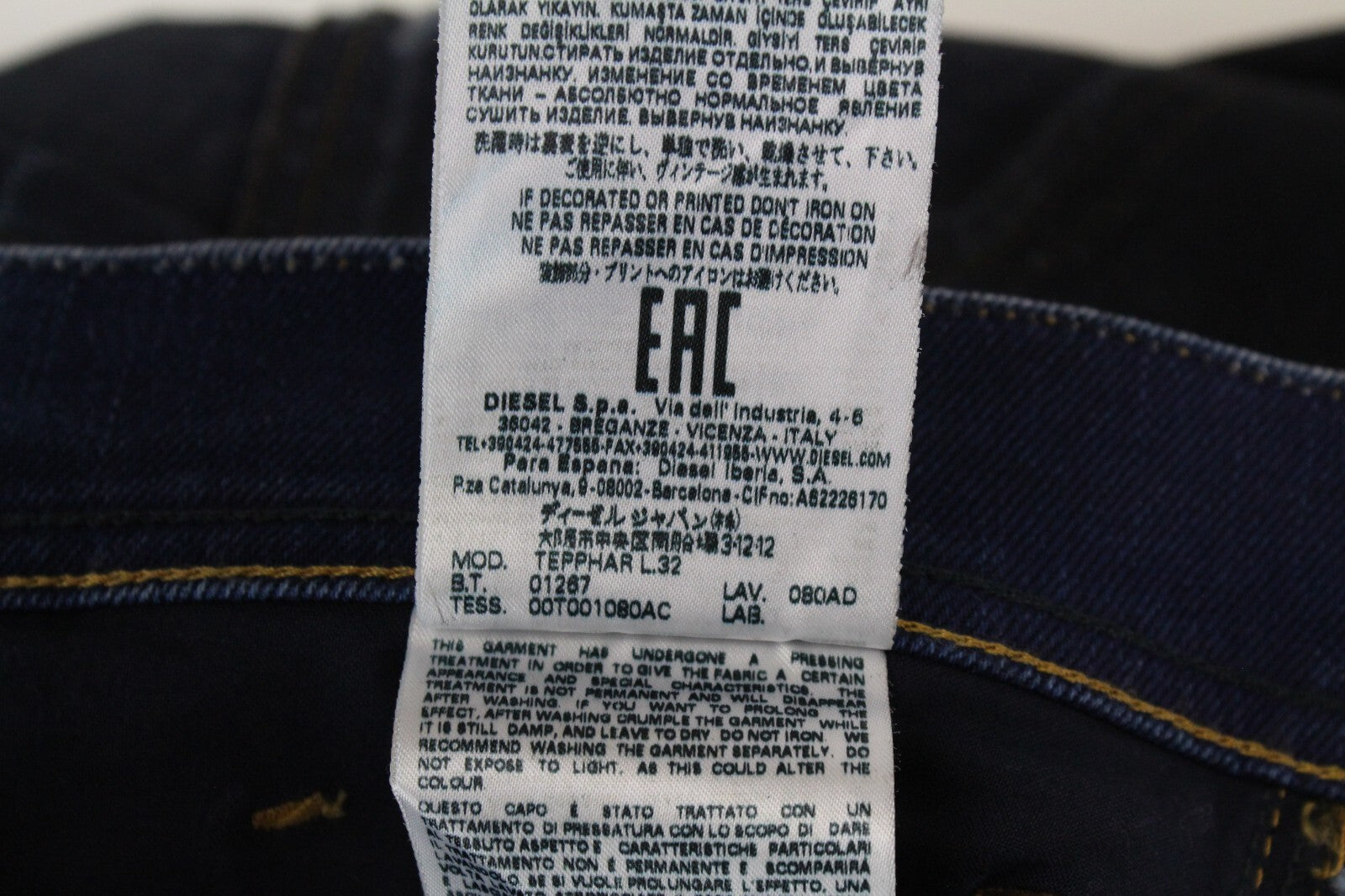 DIESEL vyriški džinsai W29/L32 Tepphar 080AD Slim Fit, plėšyti, tamprūs, tamsiai mėlyni, medvilniniai 