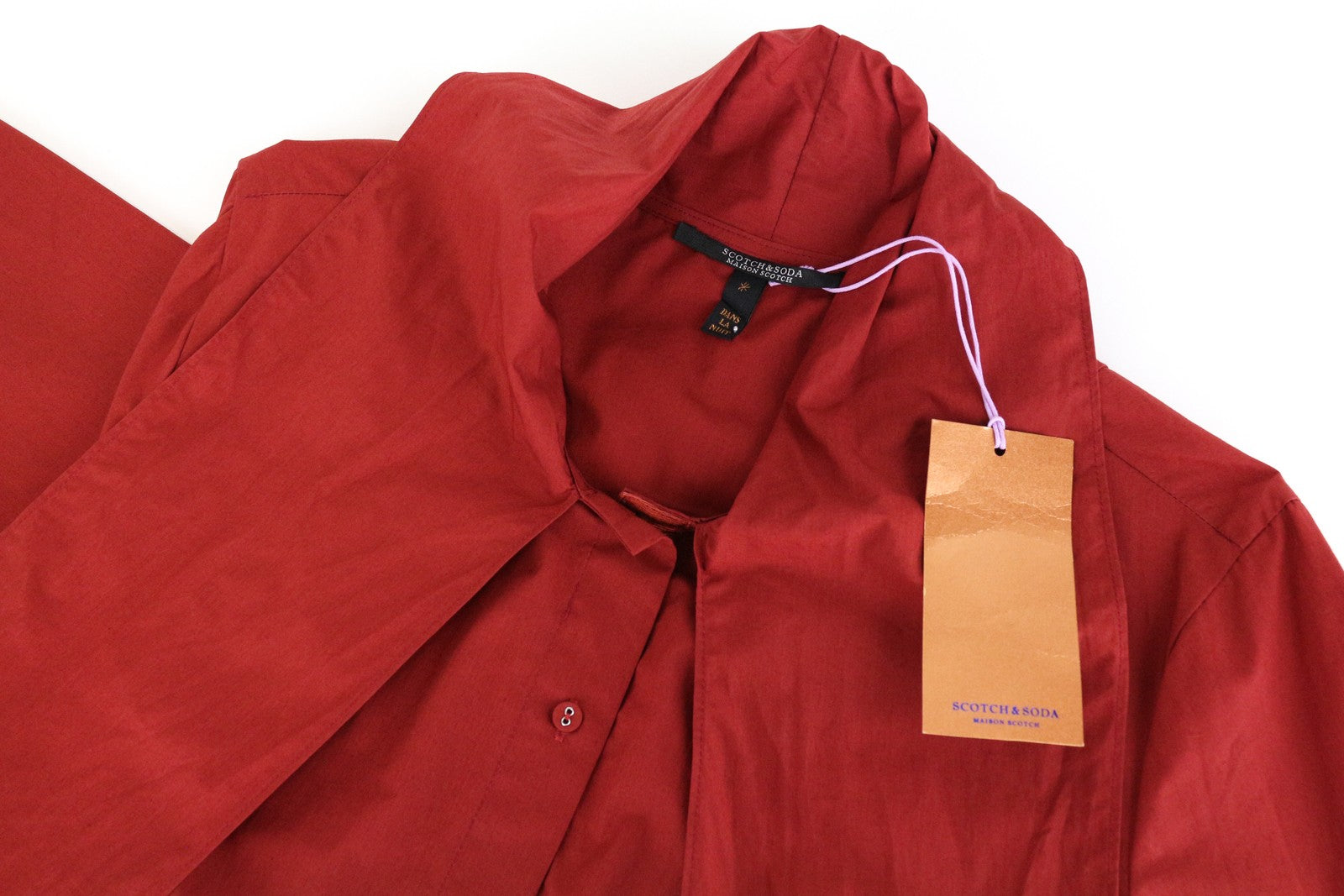 MAISON SCOTCH Brick Red Shirt ~L Long Sleeve Ribbon Tie Collar Button-Up Women's