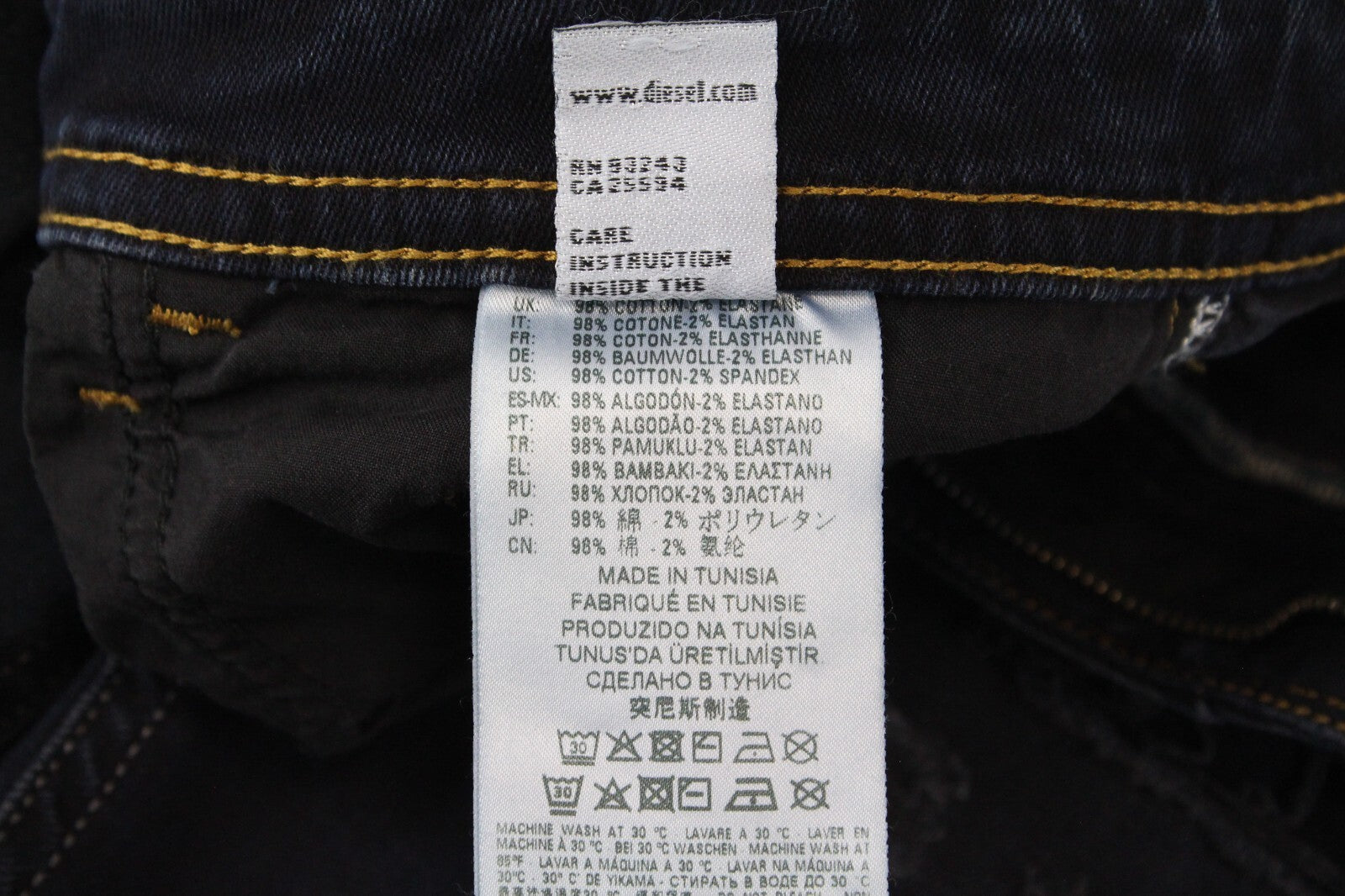 DIESEL vyriški džinsai W28/L32 Thommer 069GM aptempti, tamsiai mėlyni, plėšyti, tamprūs. 