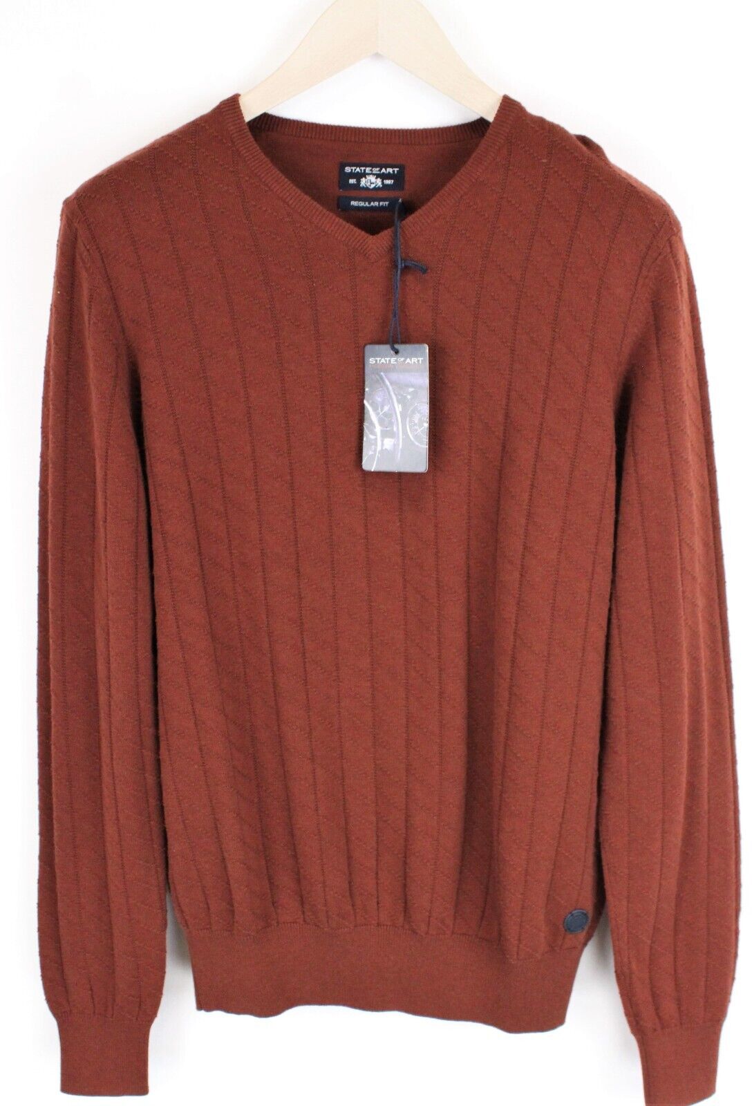 STATE OF ART Men Sweatshirt S Brown Cotton Long Sleeve Knitted Pullover