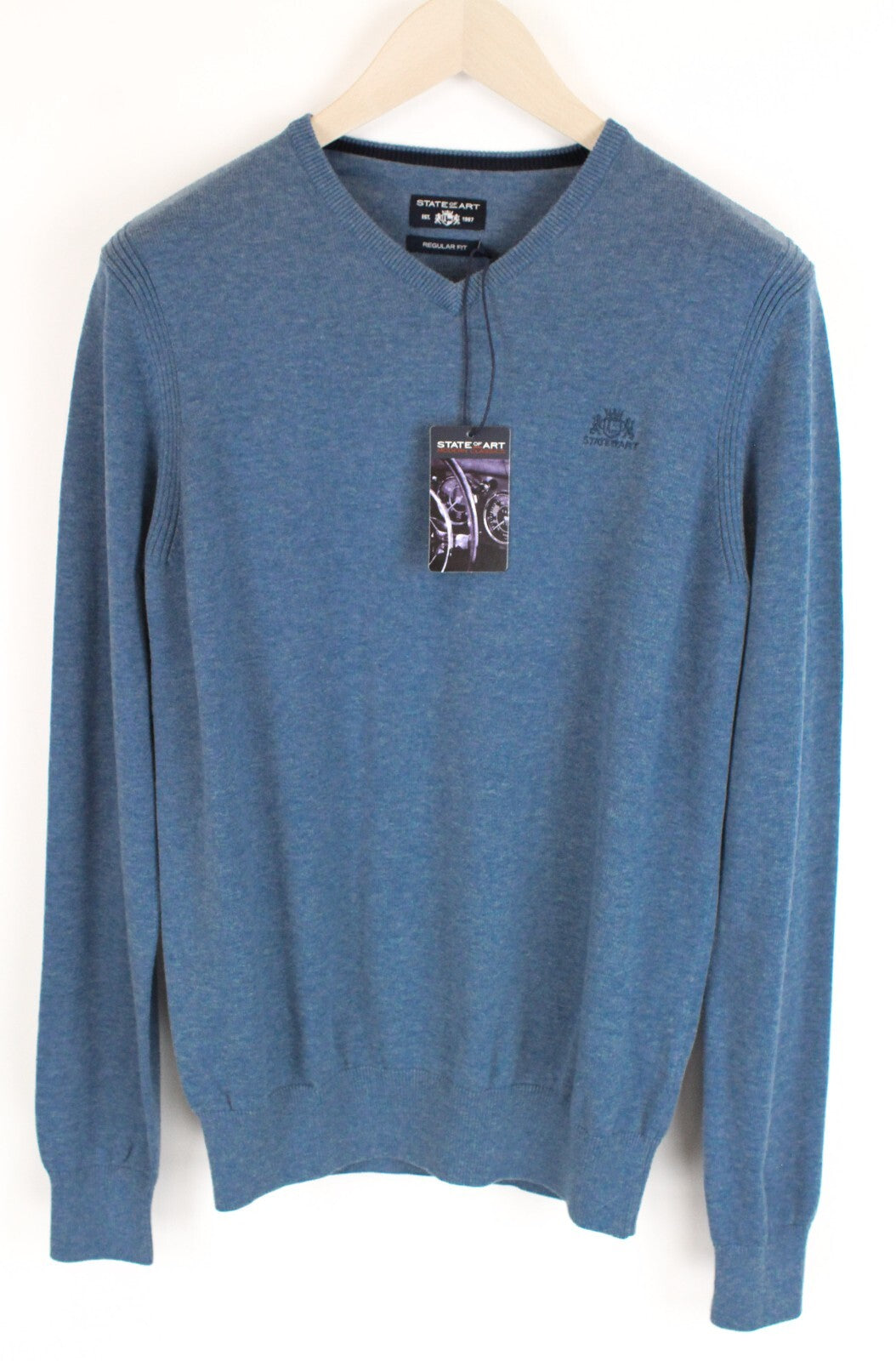 STATE OF ART Men Sweatshirt S Blue Cotton Long Sleeve Knitted Pullover