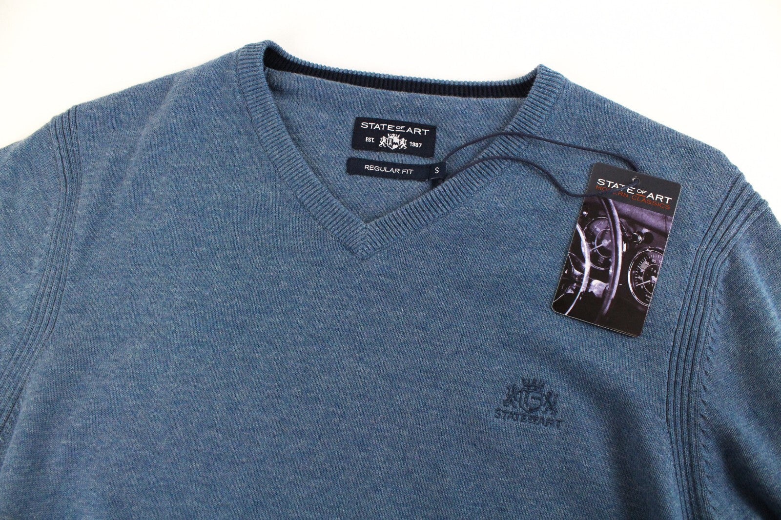 STATE OF ART Men Sweatshirt S Blue Cotton Long Sleeve Knitted Pullover