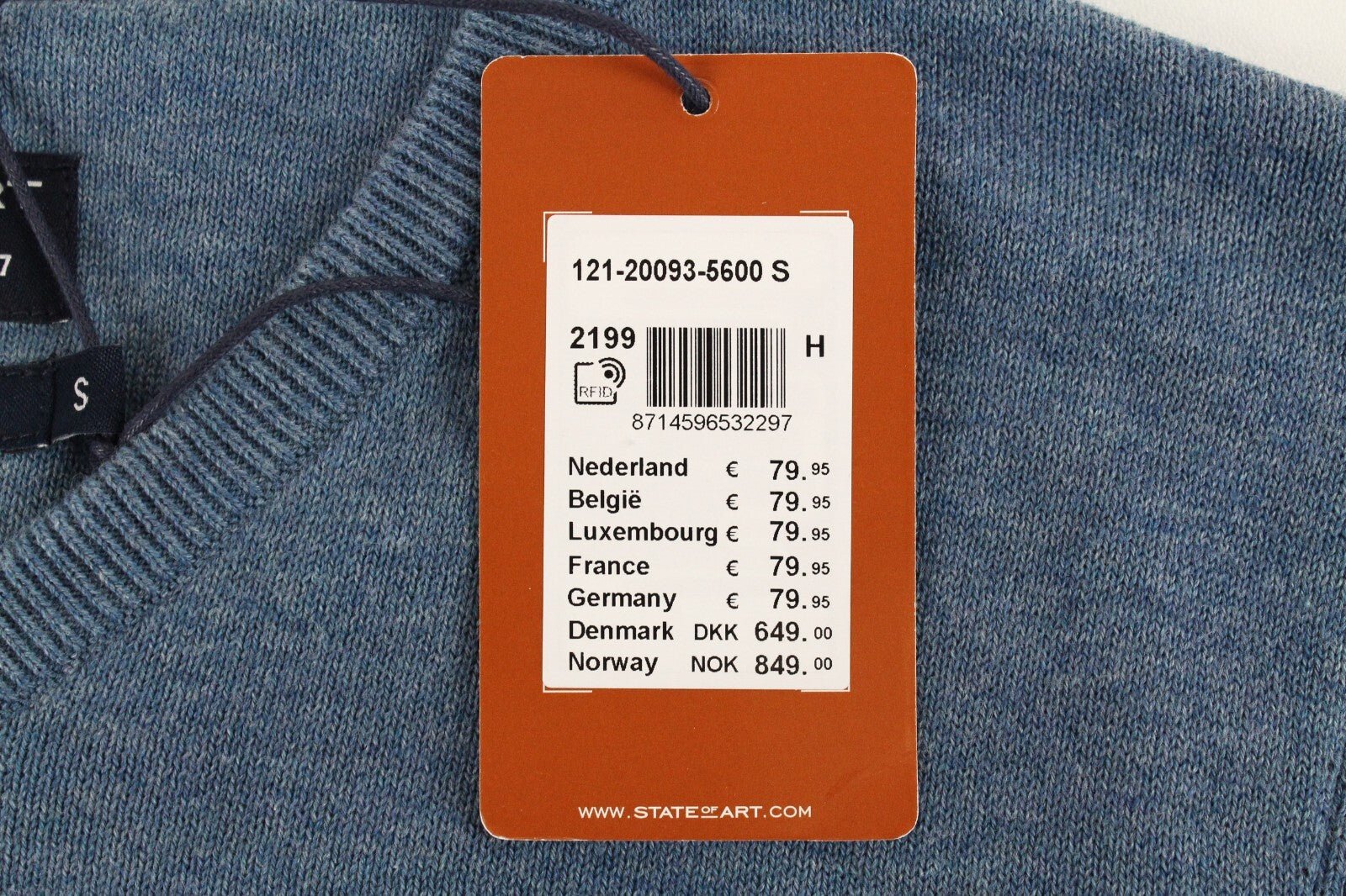 STATE OF ART Men Sweatshirt S Blue Cotton Long Sleeve Knitted Pullover