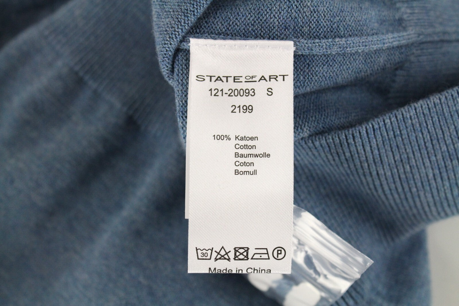 STATE OF ART Men Sweatshirt S Blue Cotton Long Sleeve Knitted Pullover