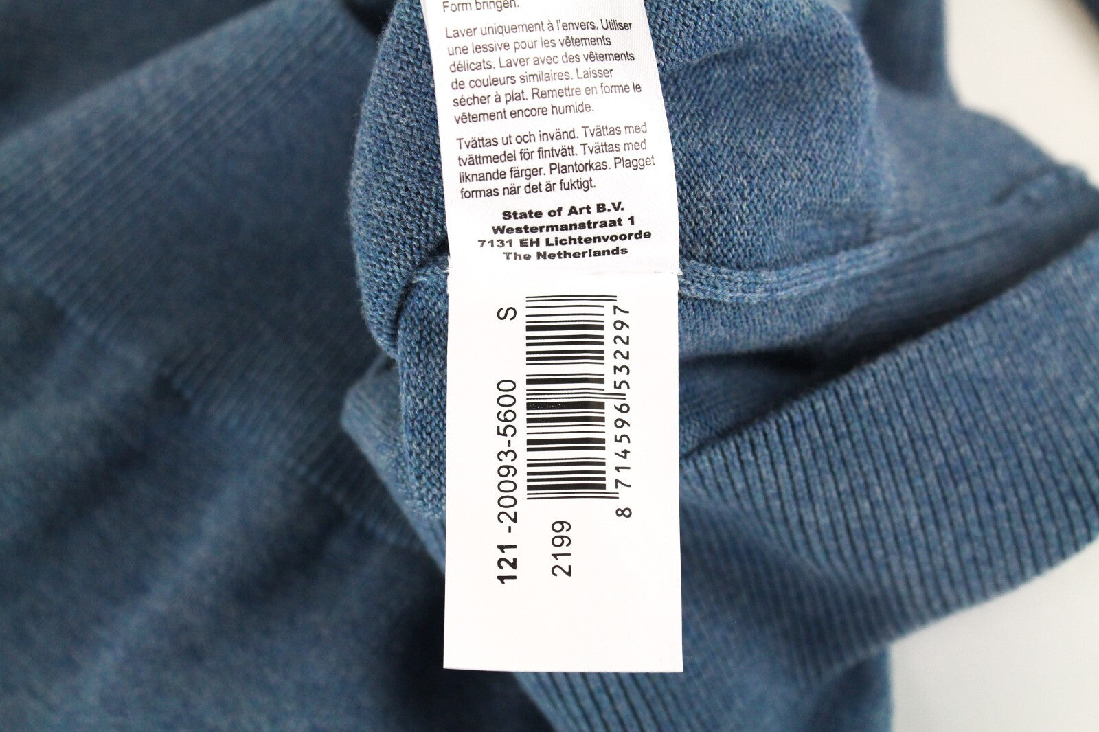 STATE OF ART Men Sweatshirt S Blue Cotton Long Sleeve Knitted Pullover