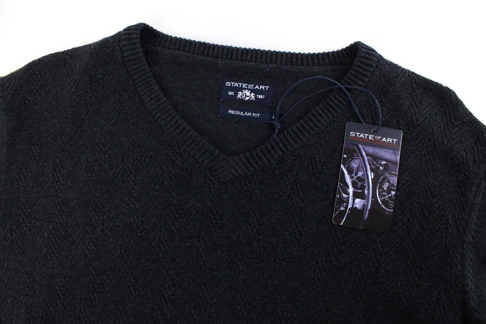 STATE OF ART Men Sweatshirt L Grey Cotton Long Sleeve Knitted Pullover