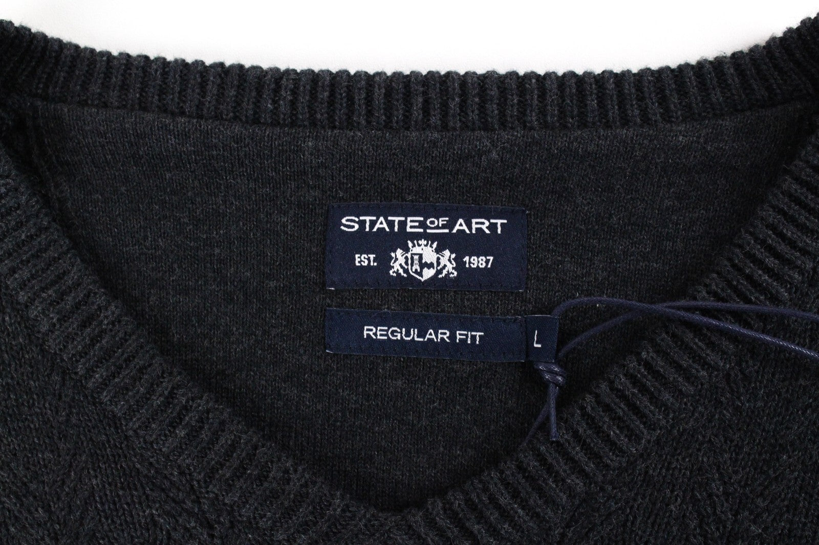 STATE OF ART Men Sweatshirt L Grey Cotton Long Sleeve Knitted Pullover