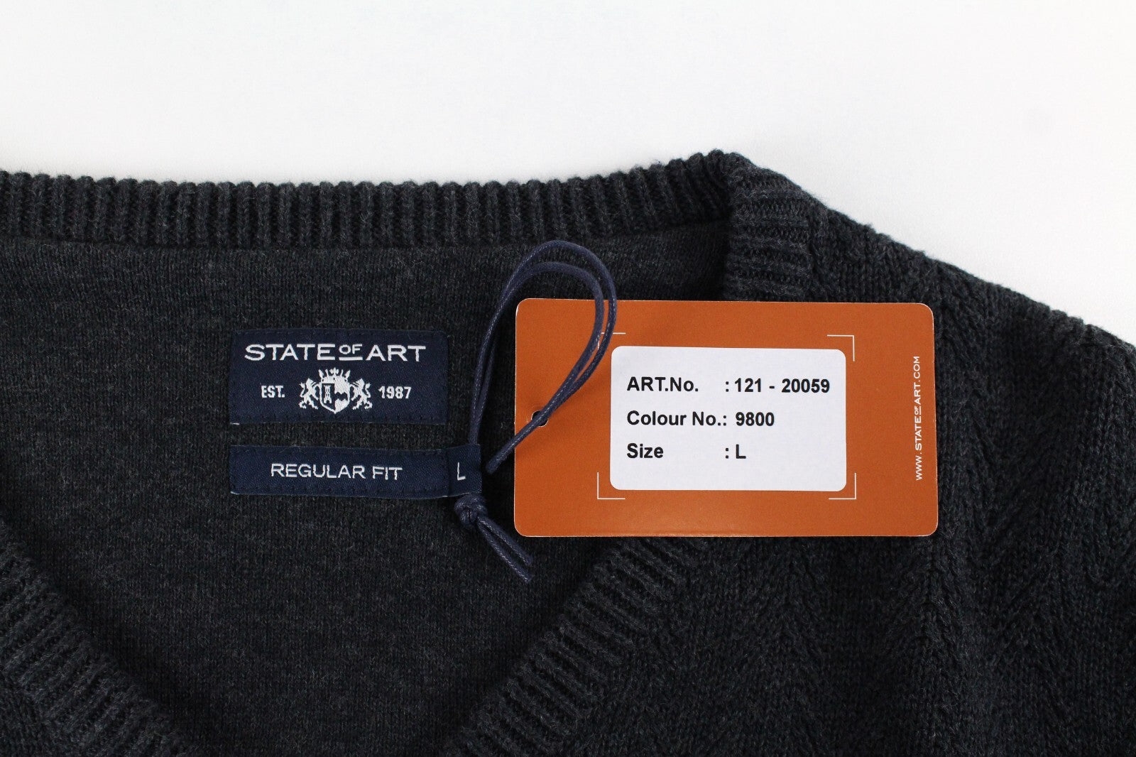 STATE OF ART Men Sweatshirt L Grey Cotton Long Sleeve Knitted Pullover