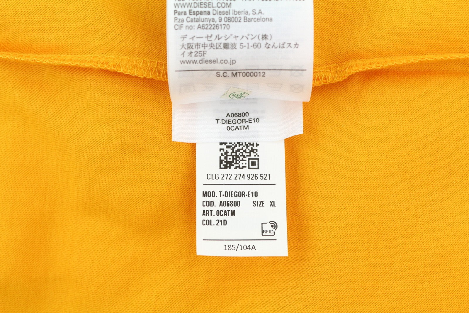 DIESEL T-Diegor-E10 Men T-Shirt XL Orange Short Sleeved Crew Neck Tricot Logo