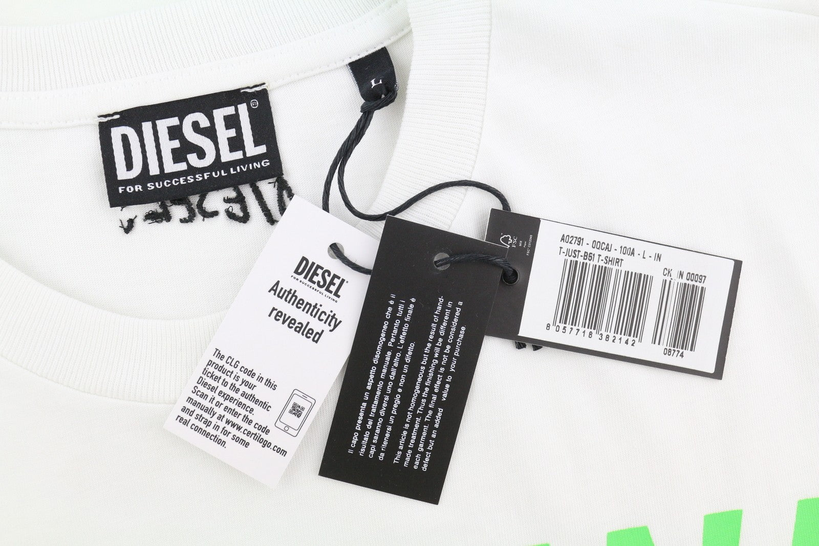 DIESEL T-Just-B51 Men T-Shirt L White Patterned Short Sleeve Crew Neck Logo