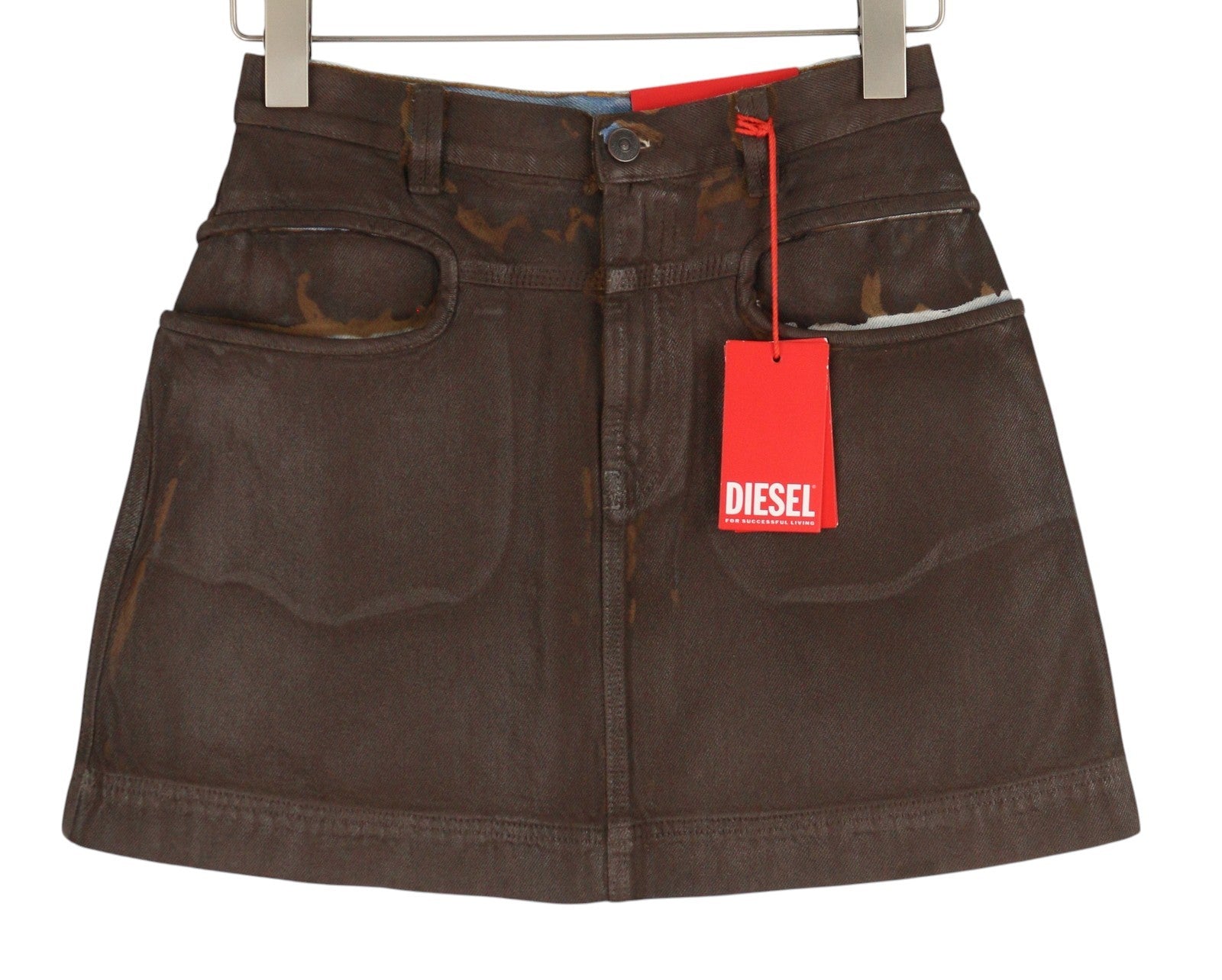 DIESEL De-Lyanna 0EIAC Women Skirt W26 Brown Coated Shiny Denim Zip Mini RRP€295