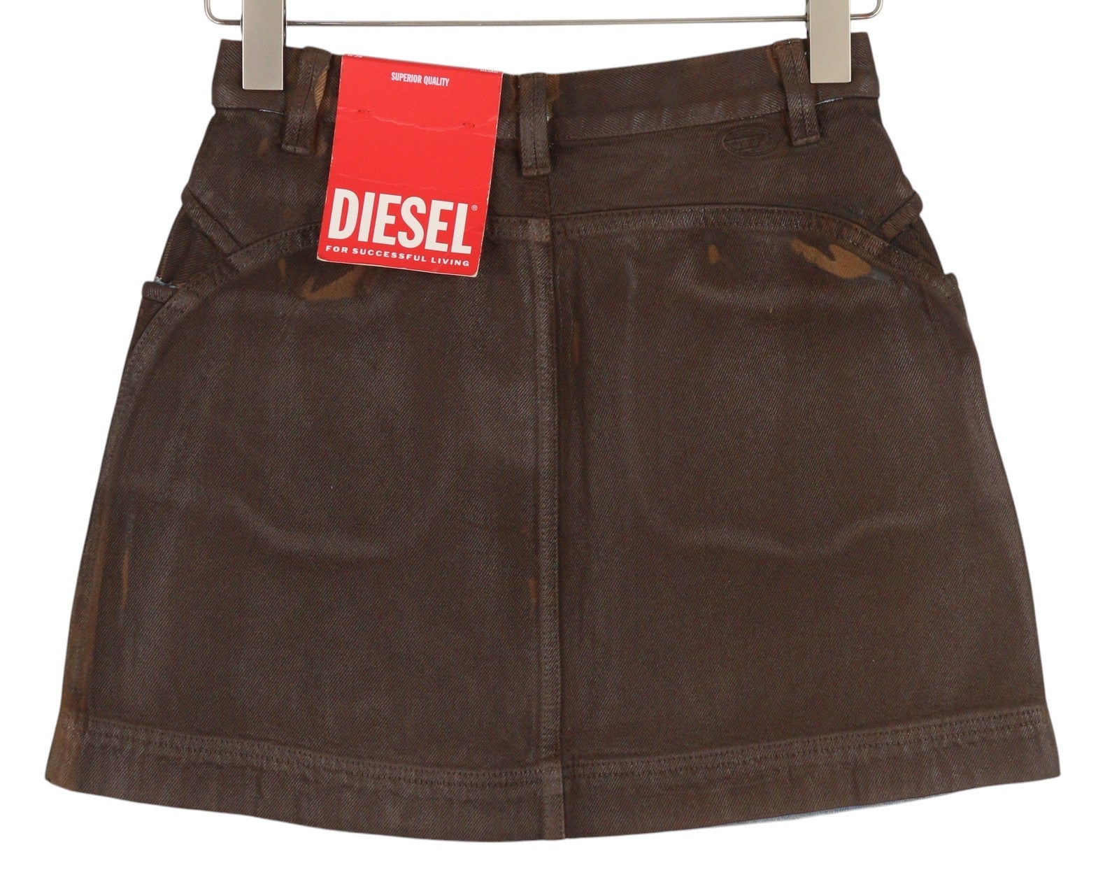 DIESEL De-Lyanna 0EIAC Women Skirt W26 Brown Coated Shiny Denim Zip Mini RRP€295