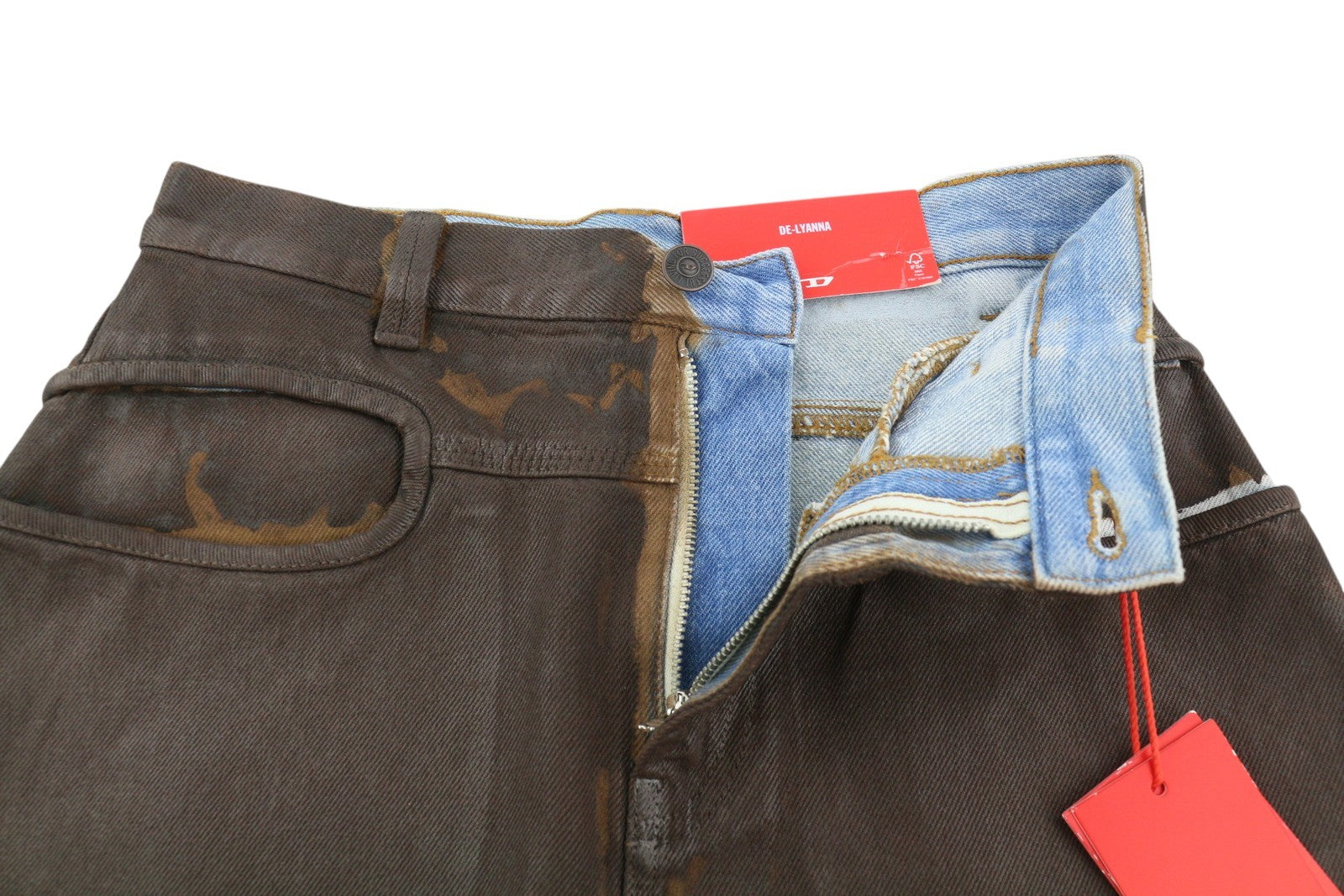 DIESEL De-Lyanna 0EIAC Women Skirt W26 Brown Coated Shiny Denim Zip Mini RRP€295