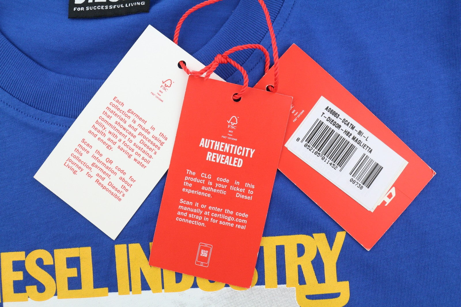 DIESEL T-Diegor-HS2 Men T-Shirt L Blue Short Sleeve Crew Neck Tricot Cotton