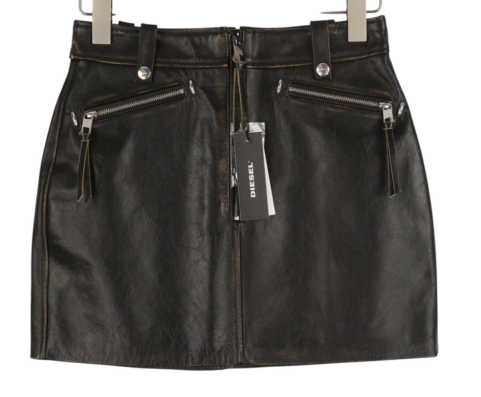 DIESEL L-Emilia Women Skirt W28 Black Cowhide Leather Aged Look Zip Fly RRP€395