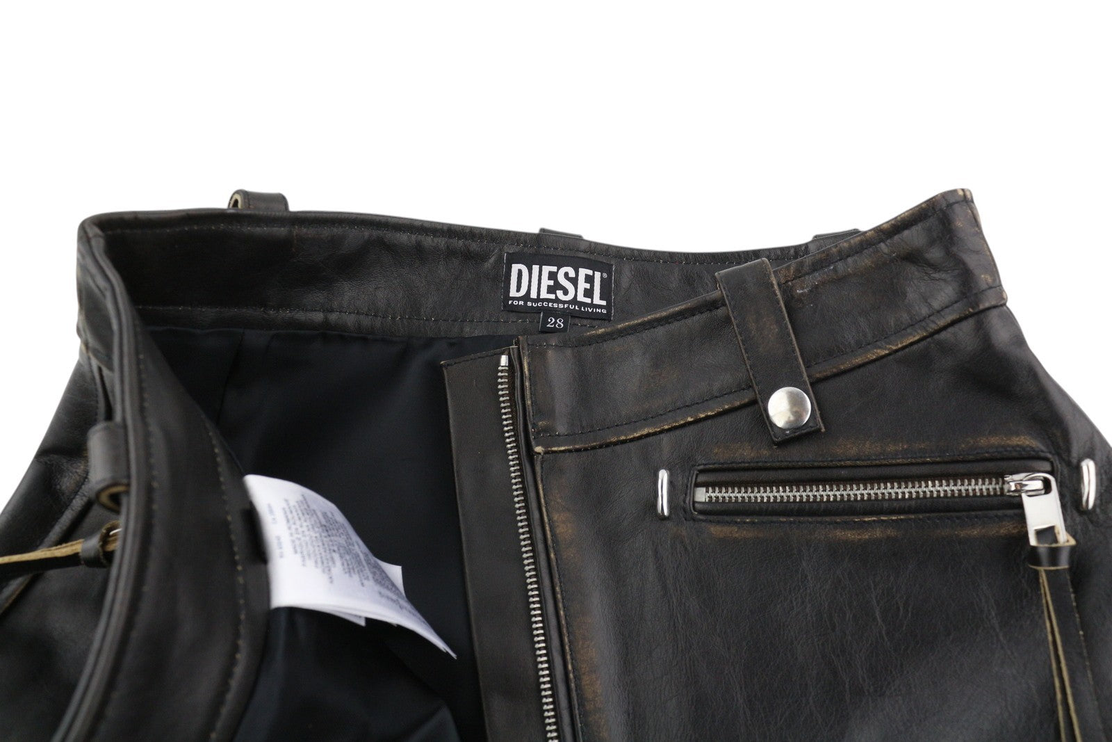 DIESEL L-Emilia Women Skirt W28 Black Cowhide Leather Aged Look Zip Fly RRP€395