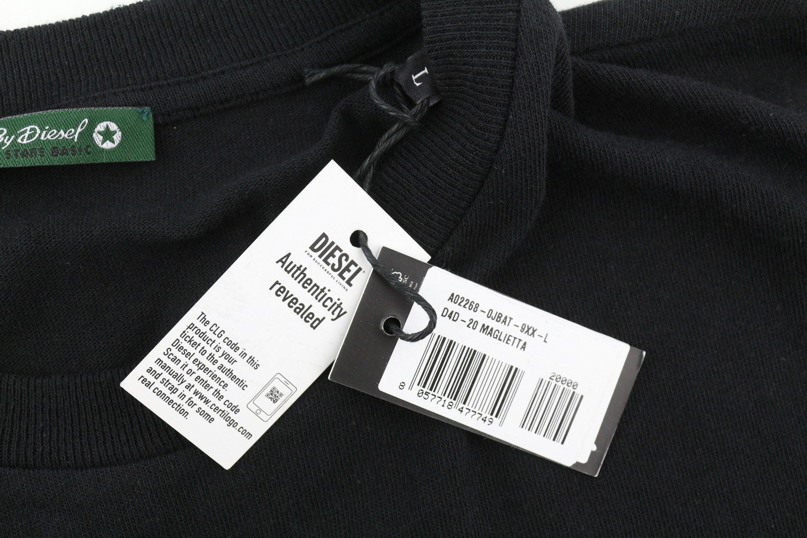 DIESEL D4D-20 Men T-Shirt L Black Short Sleeve Crew Patch Logo Tricot Cotton