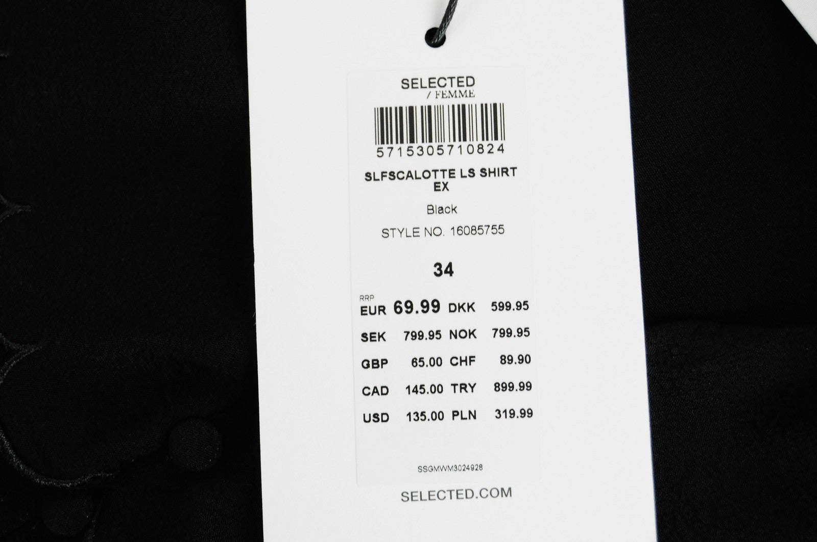 SELECTED Women Shirt EU34 Black Long Sleeved Button-Up Lightweight Collared