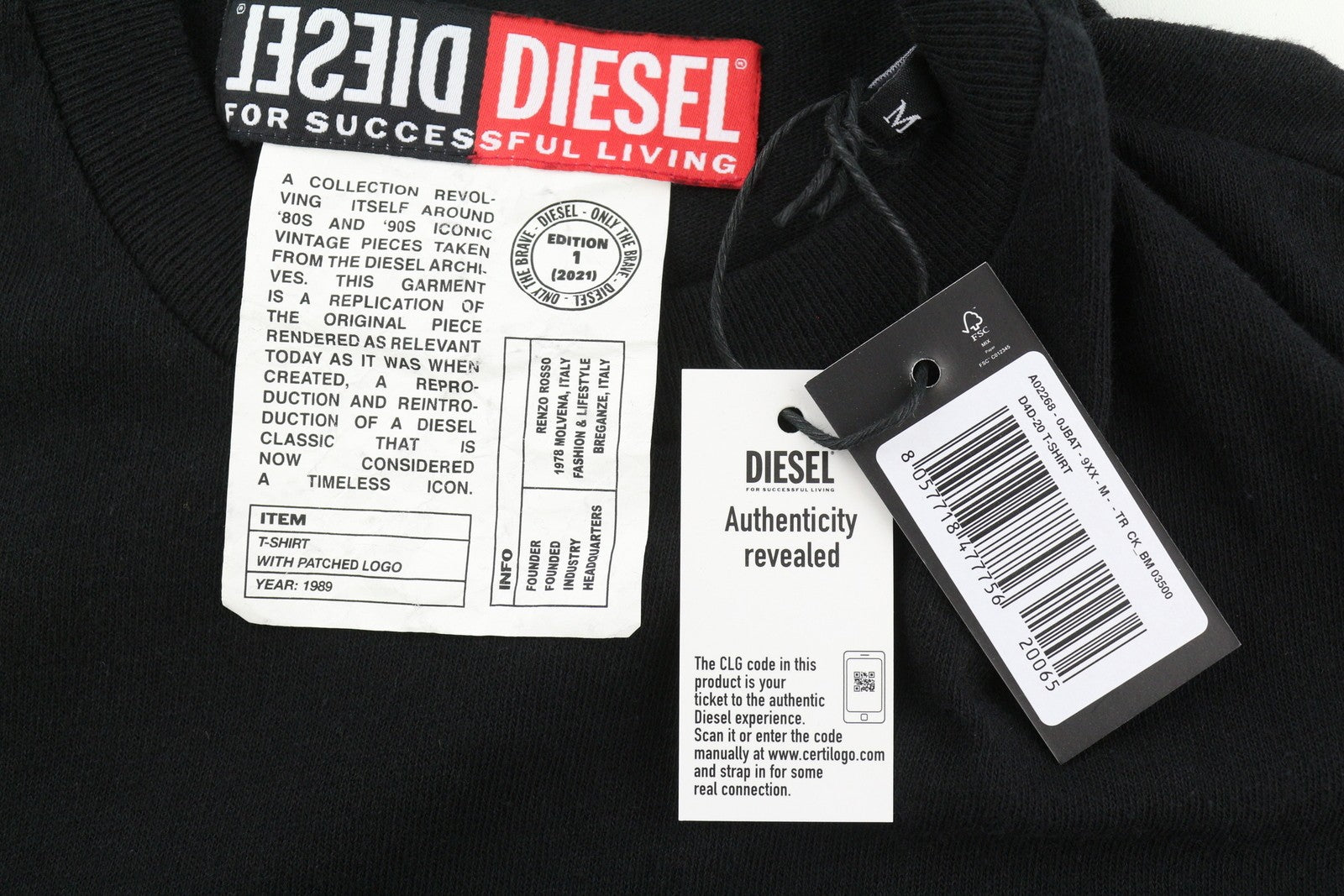 DIESEL D4D-20 Men T-Shirt M Black Short Sleeve Crew Patch Logo Tricot Cotton