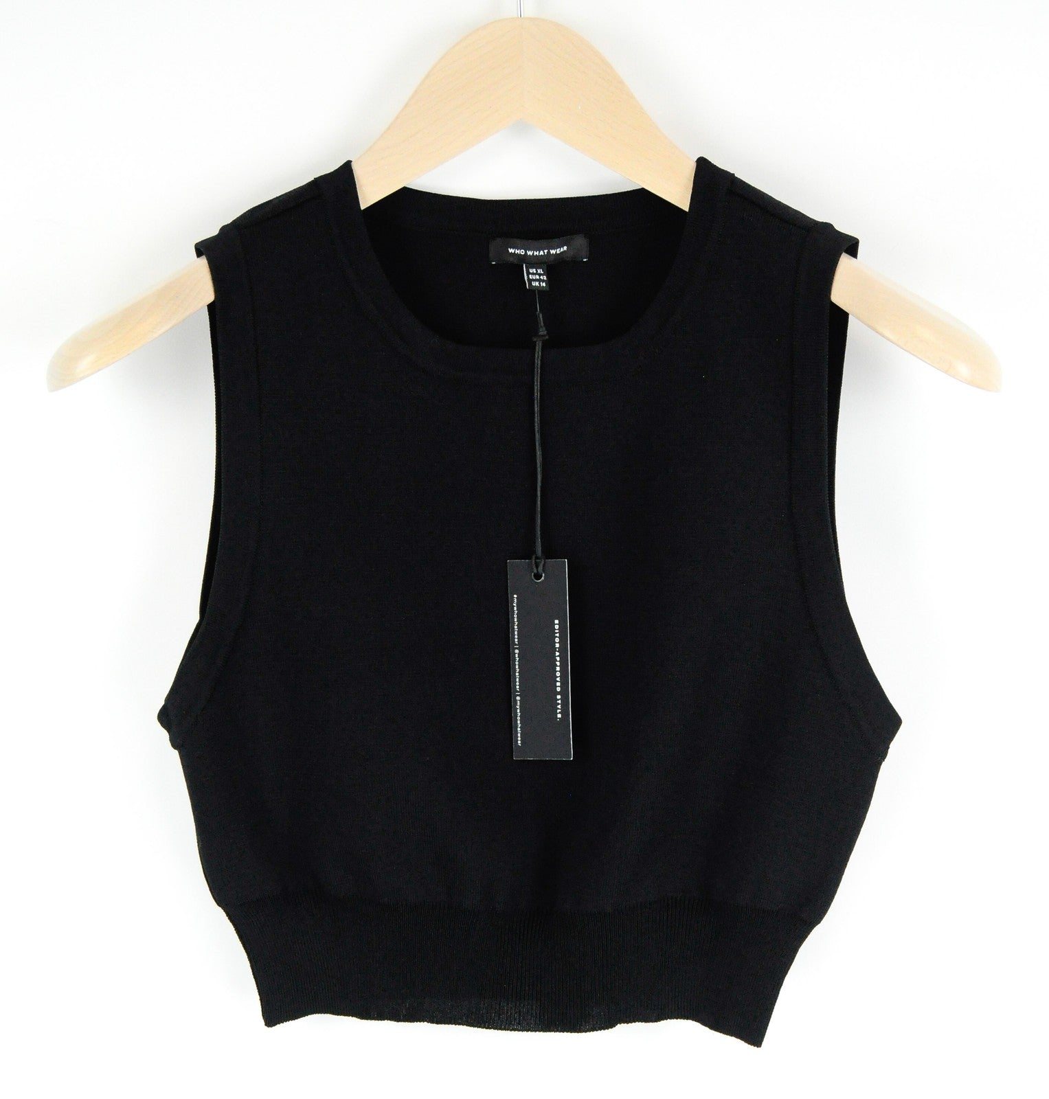 WHO WHAT WEAR Women Top XL Black Sleeveless Plain Cropped Round Neck Casual