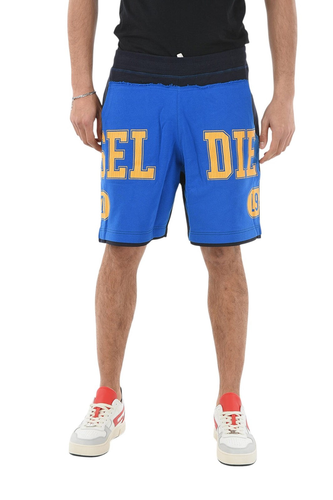 DIESEL P-Mustin Men Shorts L Blue Printed Sweat Elastic Waist Pockets RRP€125