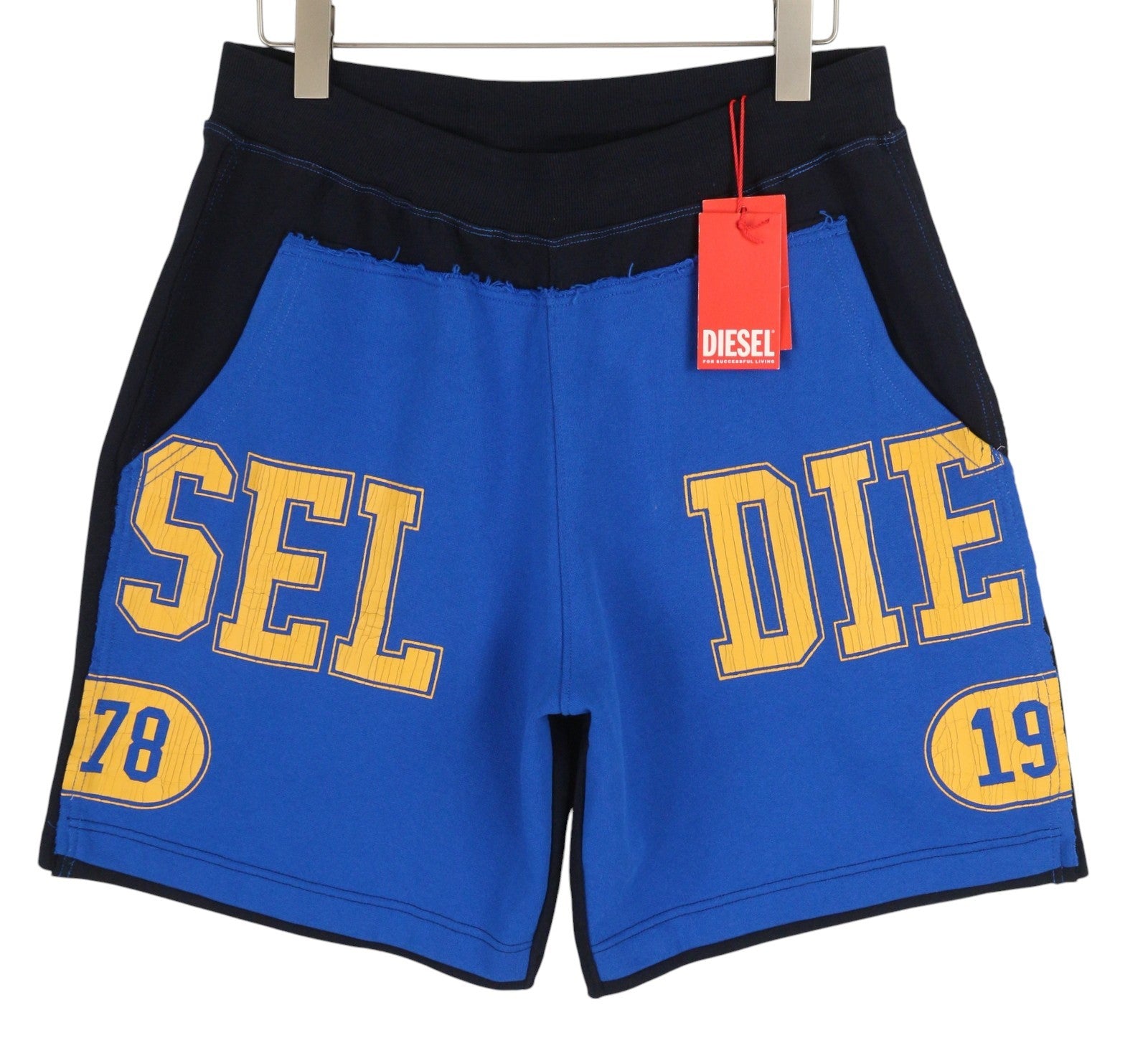 DIESEL P-Mustin Men Shorts L Blue Printed Sweat Elastic Waist Pockets RRP€125