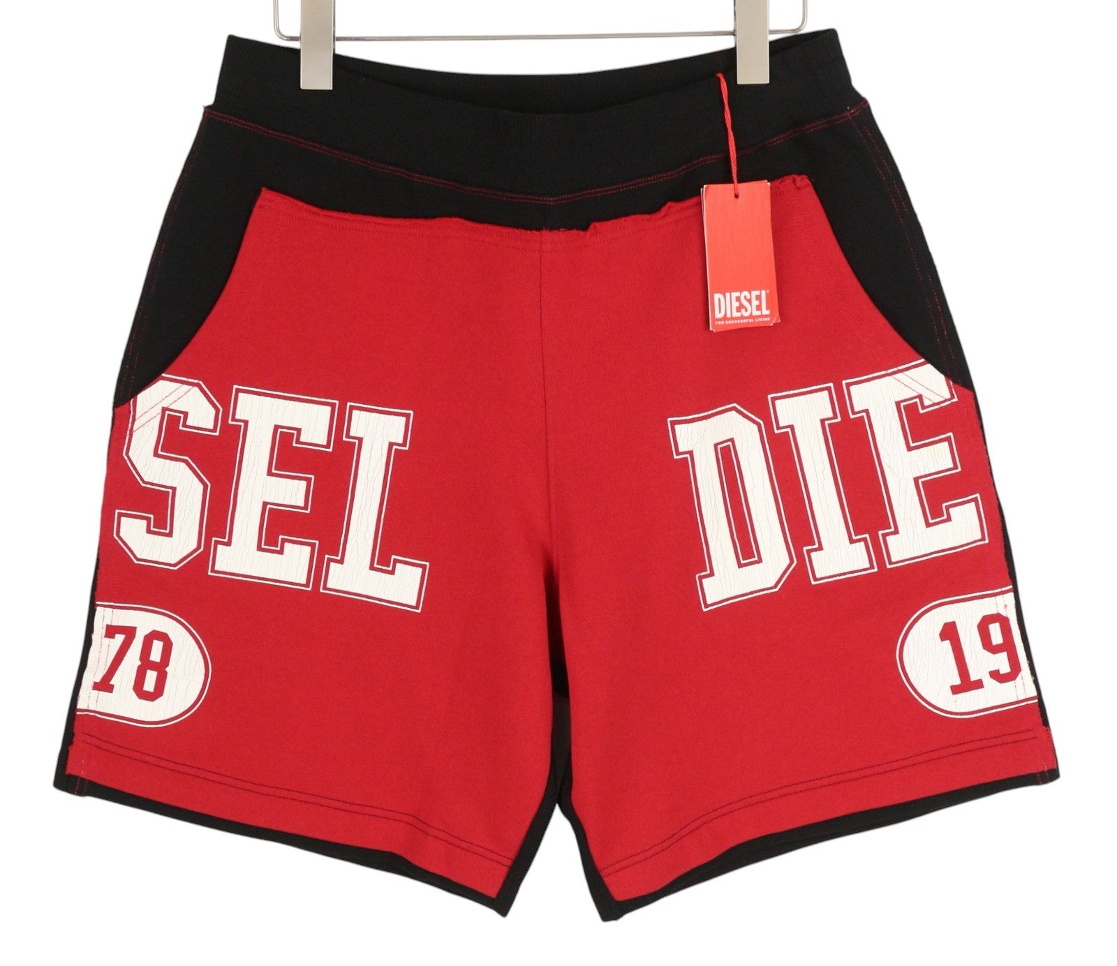 DIESEL P-Mustin Men Shorts L Red Printed Sweat Elastic Waist Pockets RRP€125