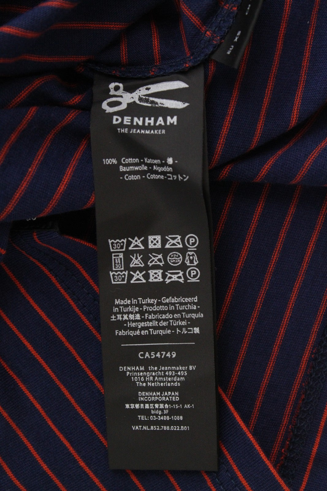 DENHAM Glide Women's XS Navy Cotton Long Sleeve T-Shirt with Red Stripes