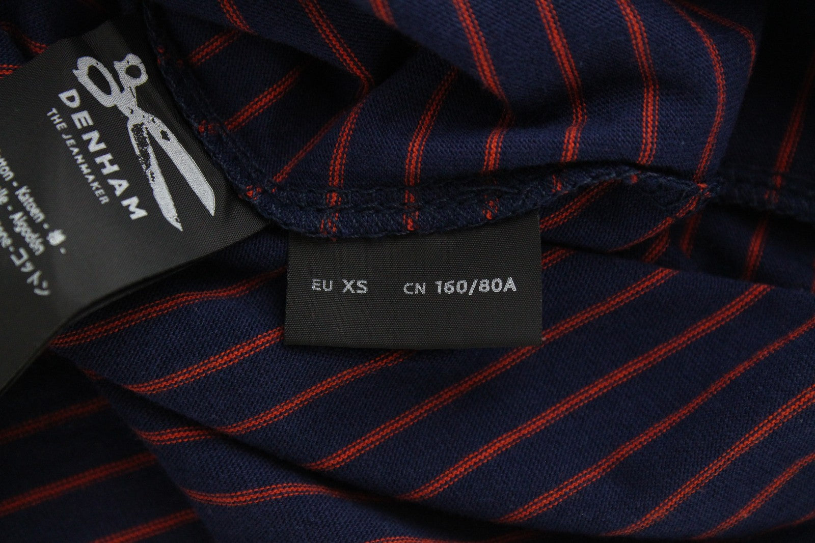 DENHAM Glide Women's XS Navy Cotton Long Sleeve T-Shirt with Red Stripes