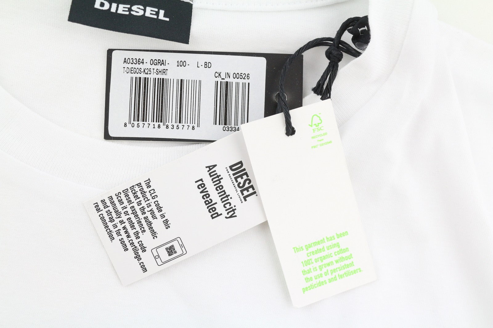 DIESEL T-Diegos-K25 Men T-Shirt L White Short Sleeve Crew Neck Cotton Print
