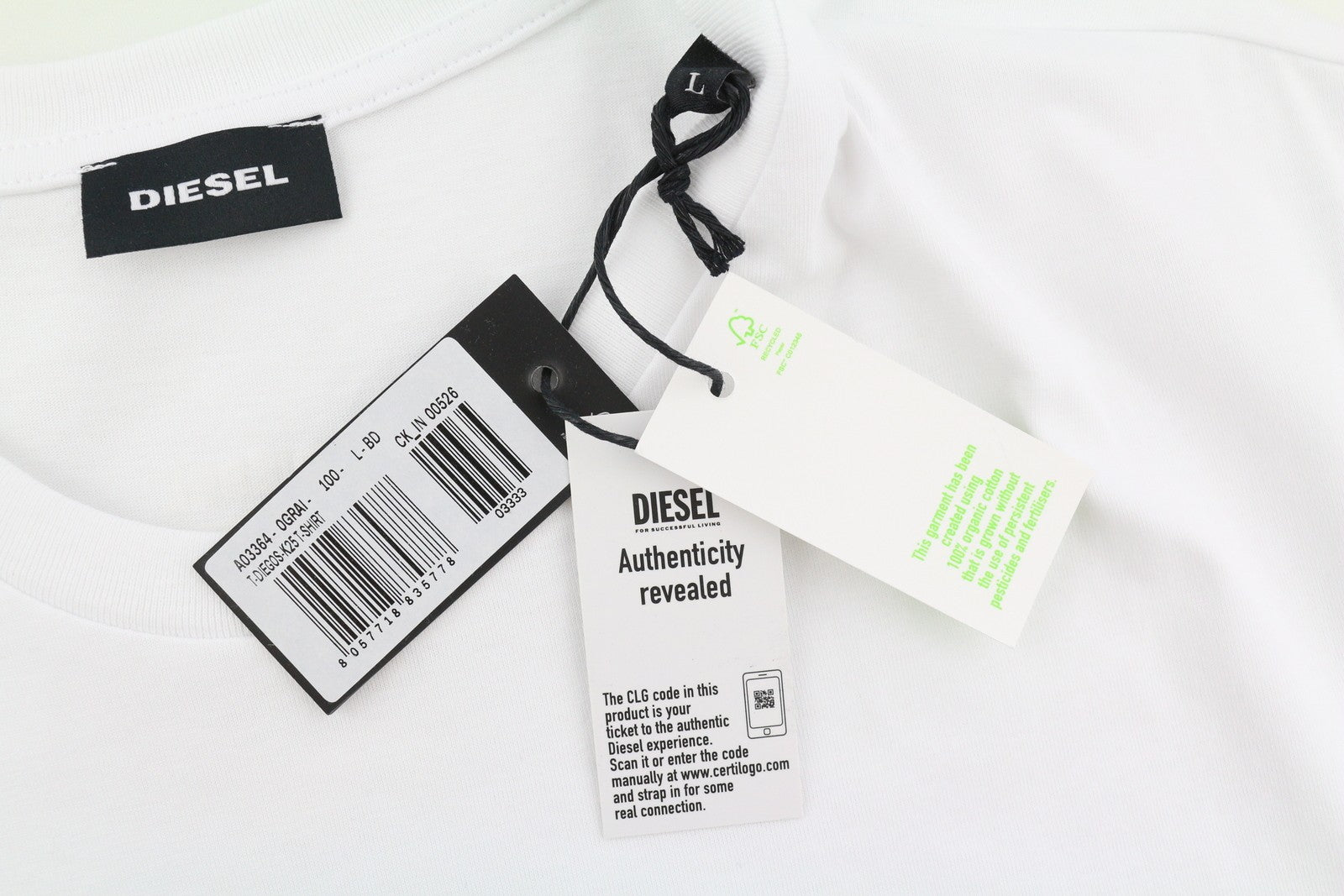 DIESEL T-Diegos-K25 Men T-Shirt L White Short Sleeved Crew Neck Cotton Logo