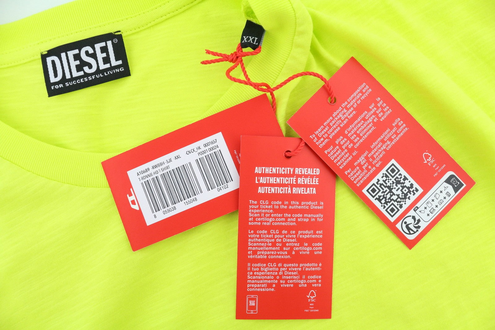 DIESEL T-Ronnie-HD Men T-Shirt 2XL Neon Yellow Short Sleeve Crew Neck Cotton