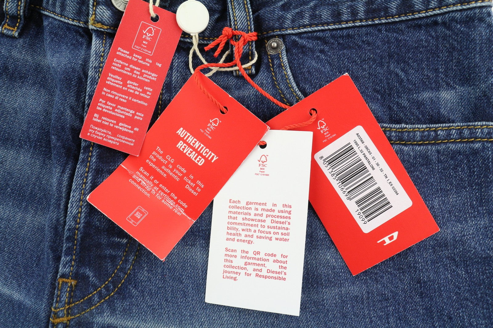 DIESEL 1995 09C65 Men Jeans W30/L32 Slim Fit Straight Leg Mid Waist Washed Blue