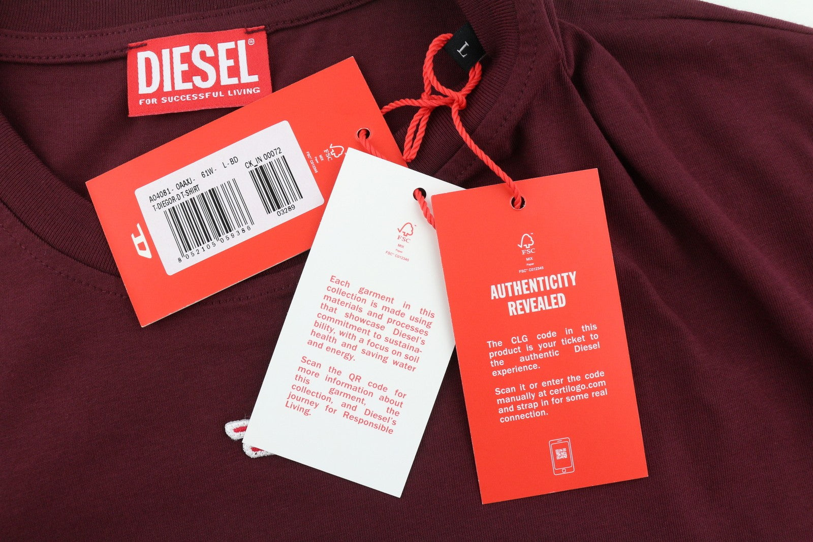 DIESEL T-Diegor-D Men T-Shirt L Burgundy Short Sleeved Crew Neck Tricot Cotton