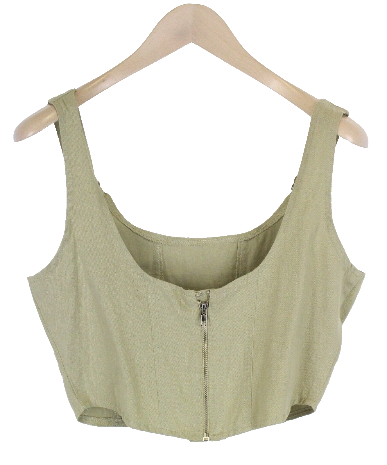MISSGUIDED Women Top UK10 Khaki Cropped Sleeveless Pure Cotton Metal Detail