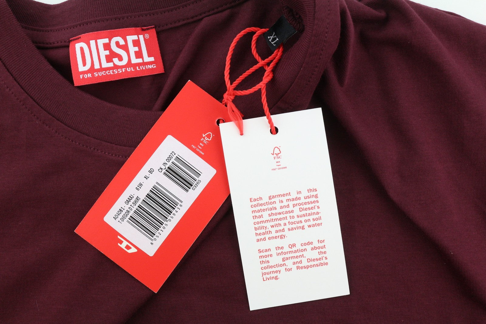 DIESEL T-Diegor-D Men T-Shirt XL Burgundy Short Sleeve Crew Neck Tricot Cotton
