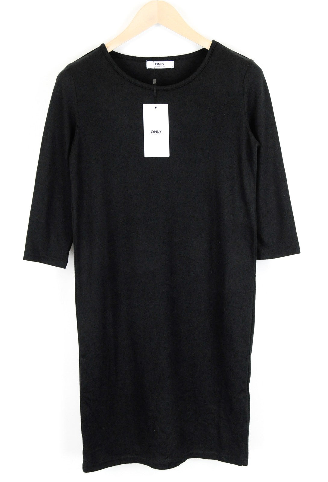 ONLY Elcos Women Dress S Black Pullover Short Stretch 3/4 Sleeved Round Neck