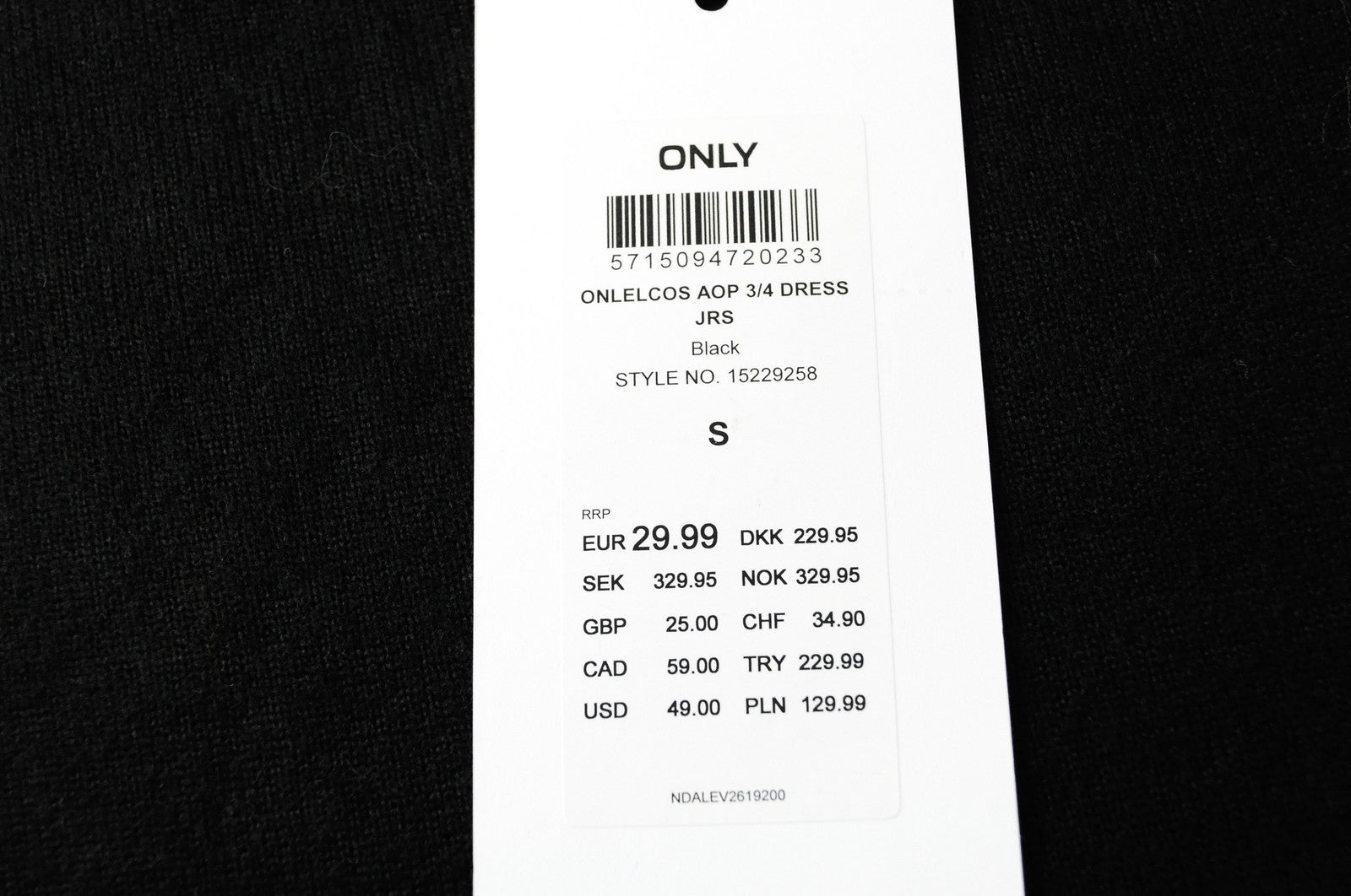 ONLY Elcos Women Dress S Black Pullover Short Stretch 3/4 Sleeved Round Neck