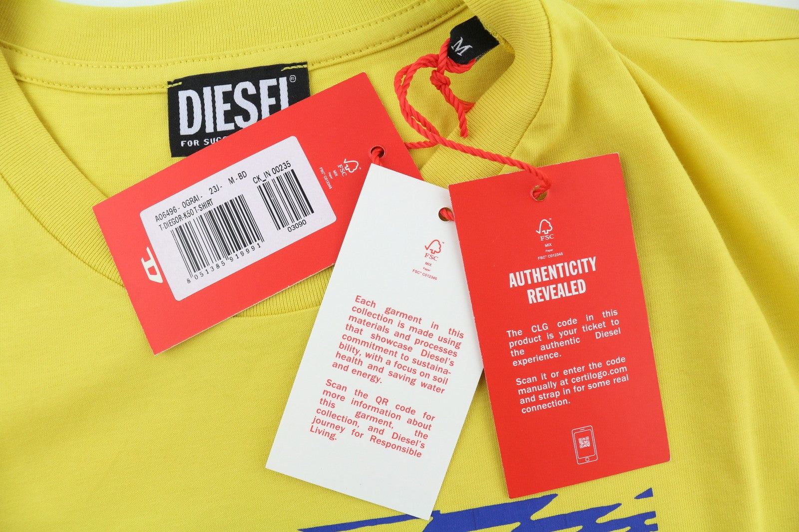 DIESEL T-Diegor-K50 Men T-Shirt M Yellow Short Sleeved Crew Neck Tricot Cotton