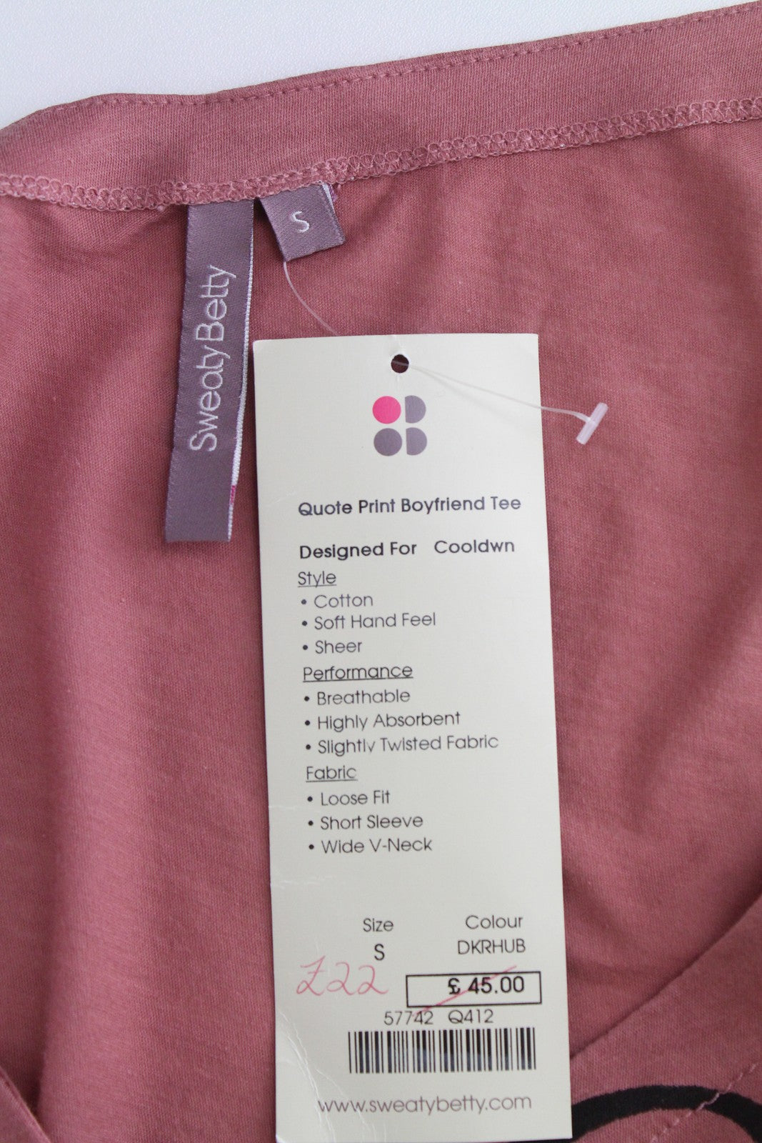 SWEATY BETTY Boyfriend Tee Women's S Pink Cotton Slogan Short Sleeve T-Shirt