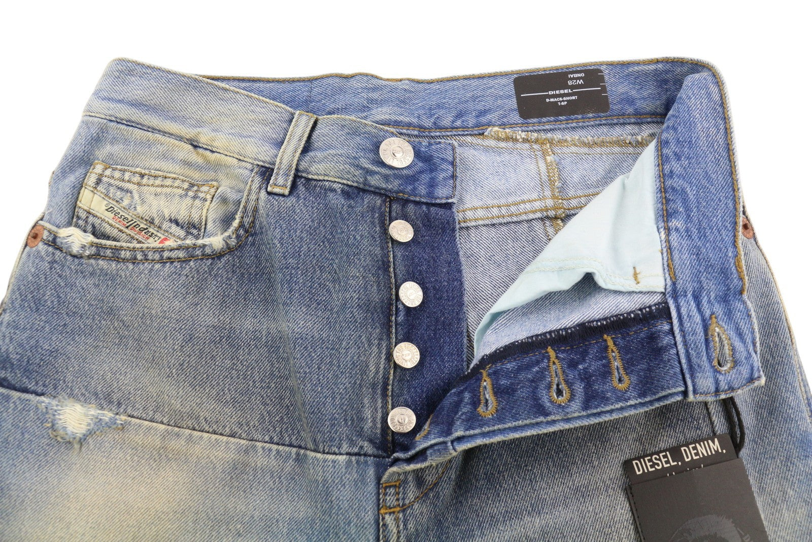 DIESEL D-Macs-Short T-SP 0NBAI Men Shorts W28 Denim Washed Blue Distress Logo