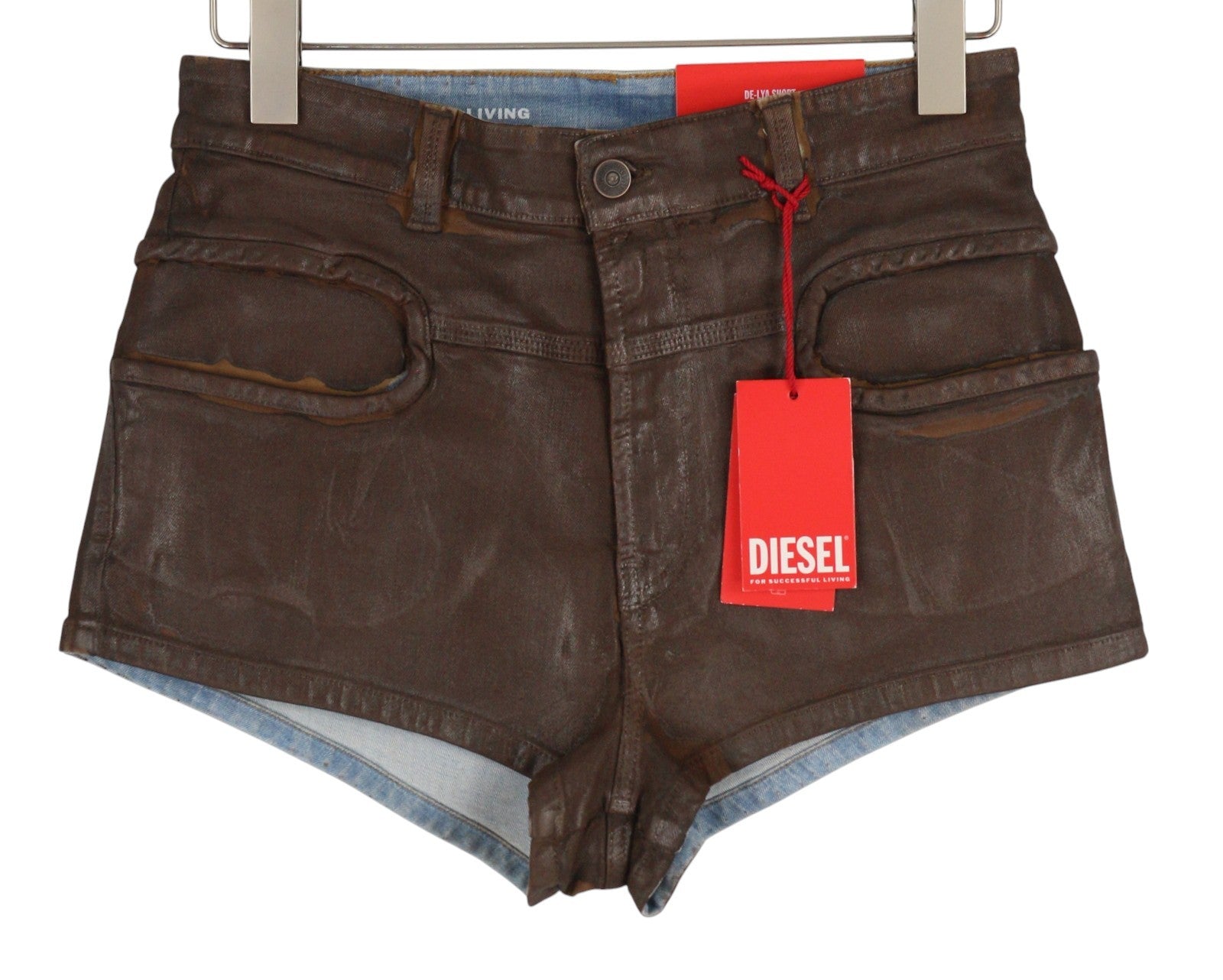 DIESEL De-Short-Lya 0CGAN Women Shorts W29 Brown Coated Shiny Denim RRP€295