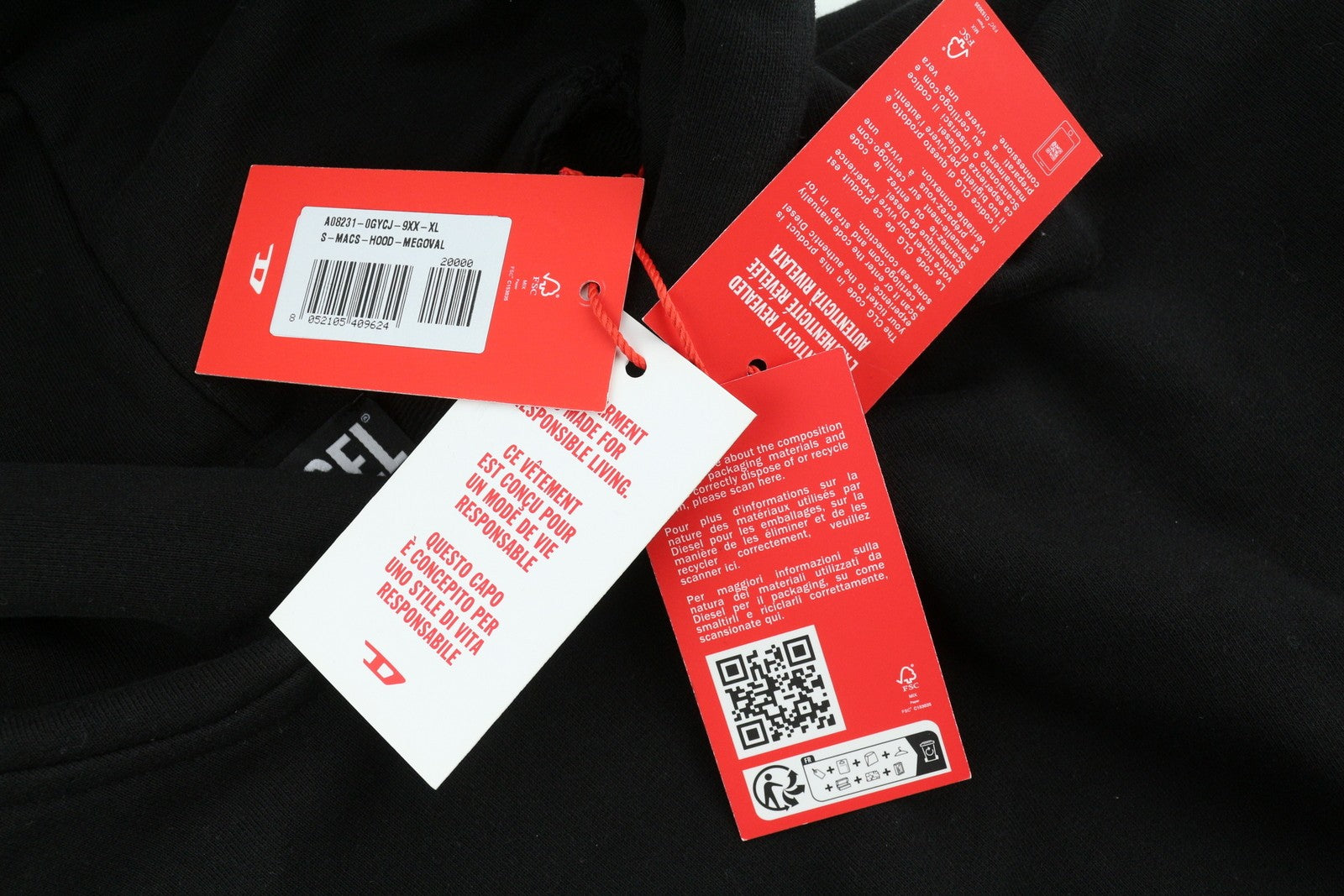 DIESEL S-Macs-Hood-Megoval Men Hoodie XL Black Pullover Hooded Kangaroo RRP€250