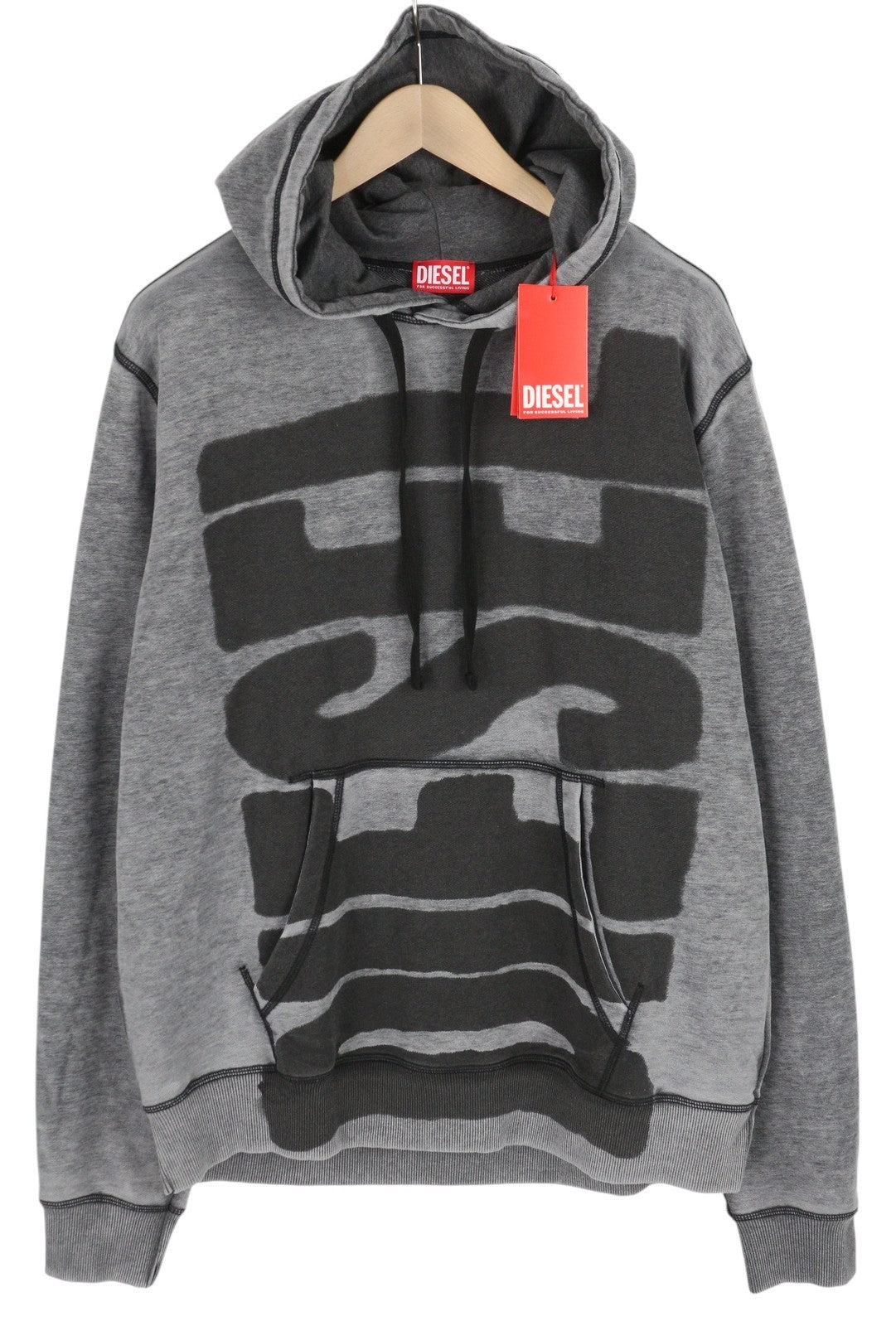 DIESEL S-Ginn-Hood-L1 Men Hoodie 2XL Grey Washed Pullover Kangaroo RRP€250