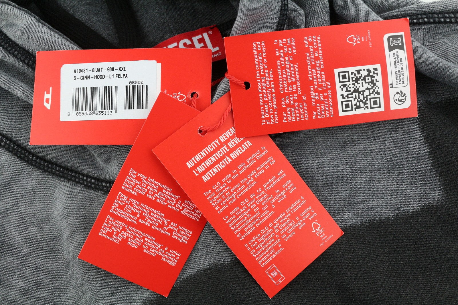 DIESEL S-Ginn-Hood-L1 Men Hoodie 2XL Grey Washed Pullover Kangaroo RRP€250