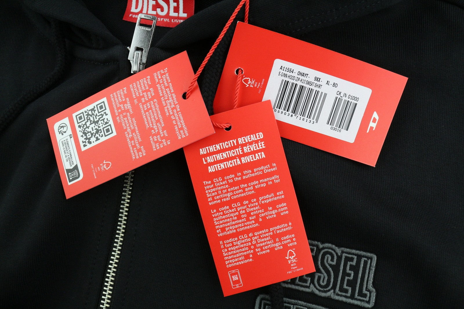 DIESEL S-Ginn-Hood-Zip-K10 Men Hoodie XL Black Full Zip Cotton Pockets RRP€160