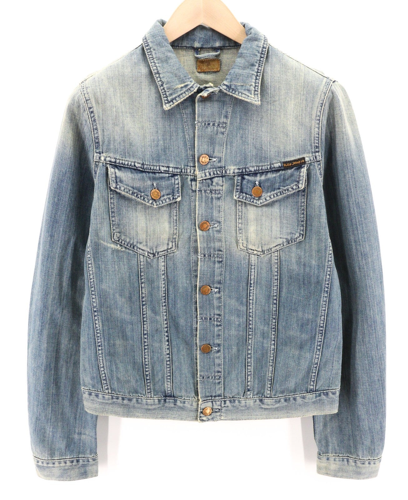 NUDIE JEANS Billy Men Jacket M Denim Light Shades Buttoned Aged Look Blue Logo