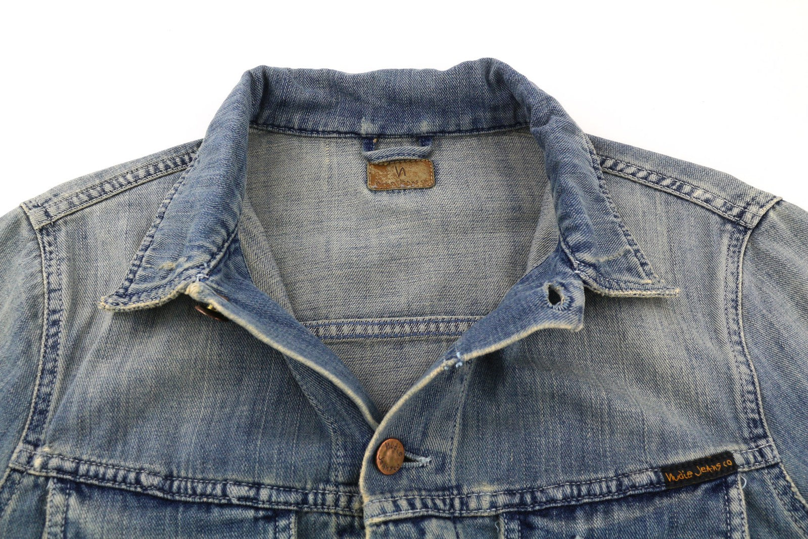 NUDIE JEANS Billy Men Jacket M Denim Light Shades Buttoned Aged Look Blue Logo