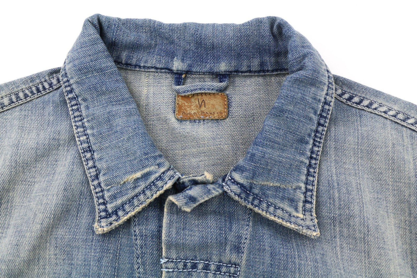 NUDIE JEANS Billy Men Jacket M Denim Light Shades Buttoned Aged Look Blue Logo