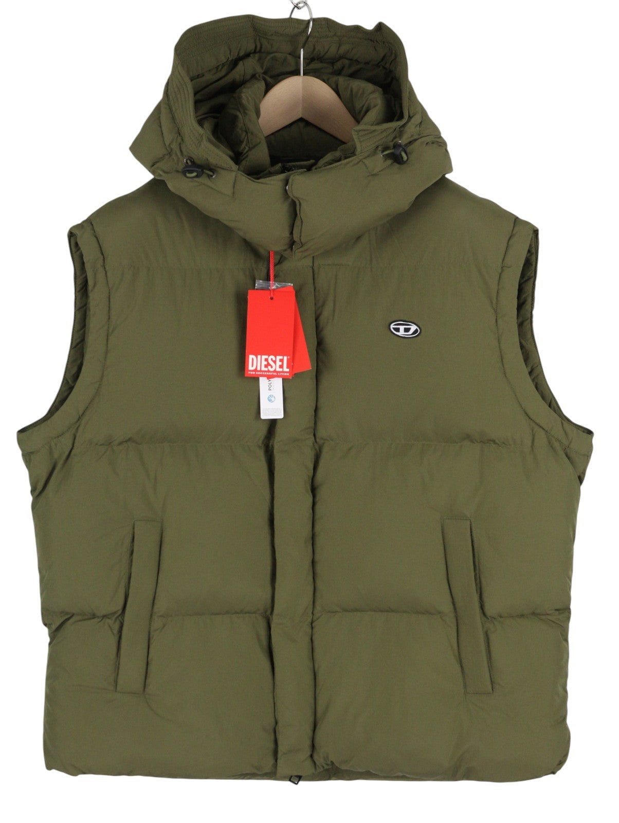 DIESEL W-Rolfys-SL-FD Men Waistcoat 50 L Khaki Removable Hood Insulated RRP€275